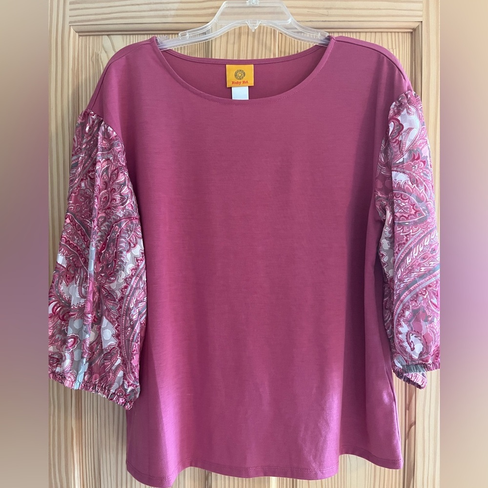 Ruby Rd Mauve Boat Neck‎ With Paisley Sleeves Size Small